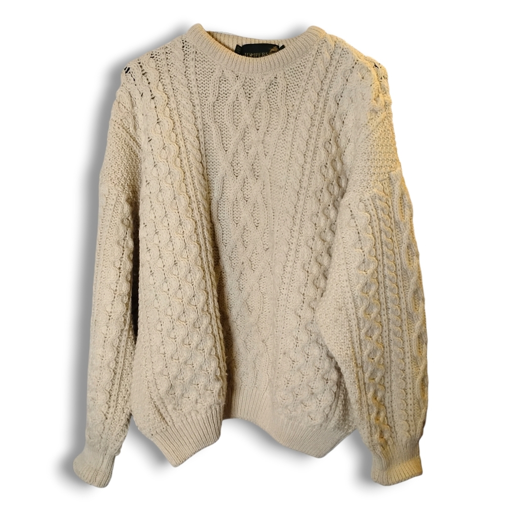 JUMPERS - Y2K Wool Cable Knit Cream Chunky Oversized Sweater Size L
